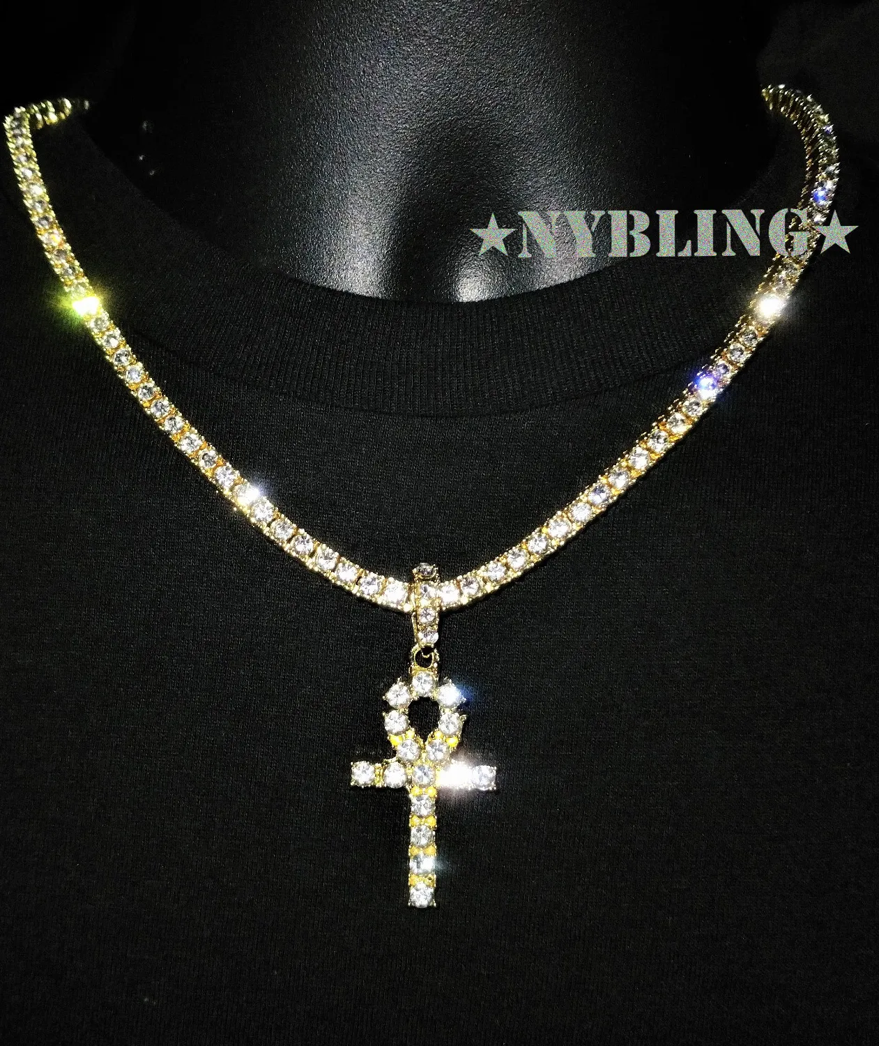 Authentic 14k Gold Plated Tennis Chain Choker w/ ANKH Pendant ICED CZ Hip Hop Necklace 5MM