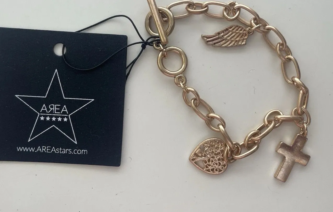 Authentic Area Stars Gold Plated Chain Charm Bracelet Heart Cross Feather Teen Women
