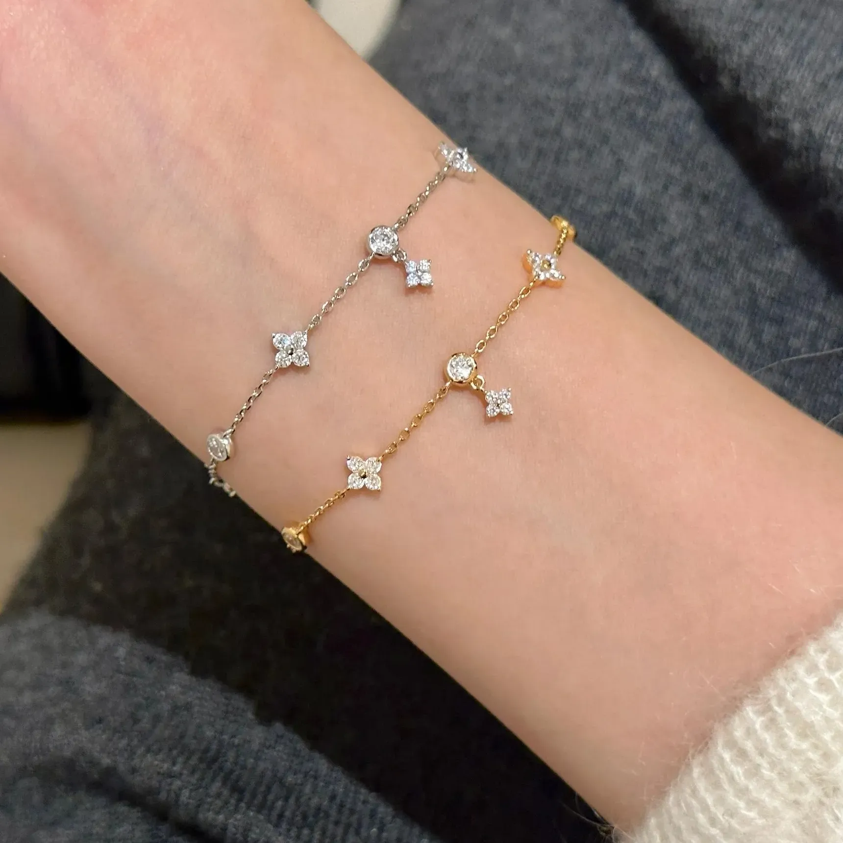 Authentic EUREKA S925 Sterling Silver Zircon Four-Leaf Clover Bracelet for Women French Style High-End Five-Flower Gold Plated Jewelry