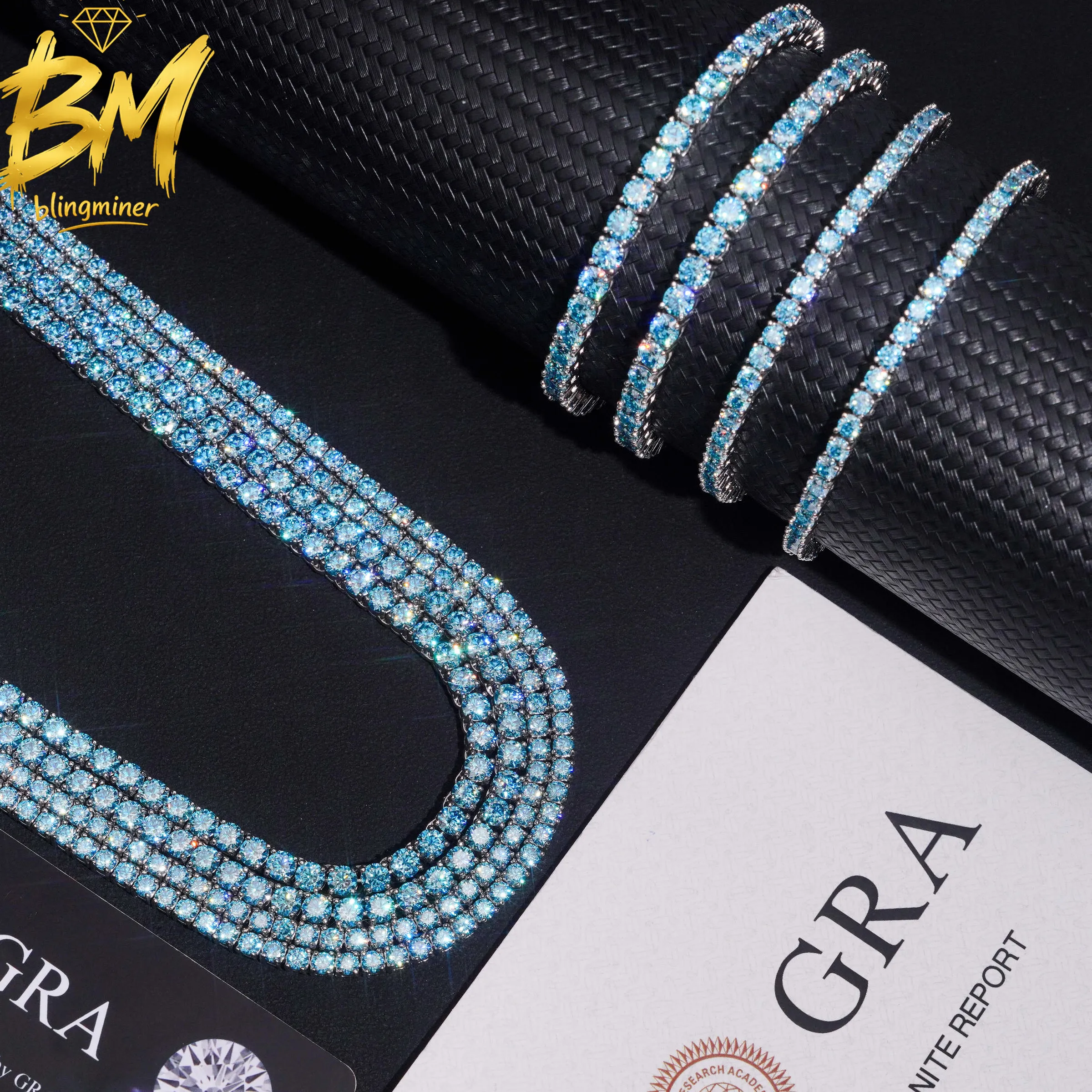Authentic Blingminer 3Mm 4Mm Aqua Blue Vvs Moissanite Tennis Chain Iced Out Necklaces S925 Silver Pass Diamonds Tester Gra