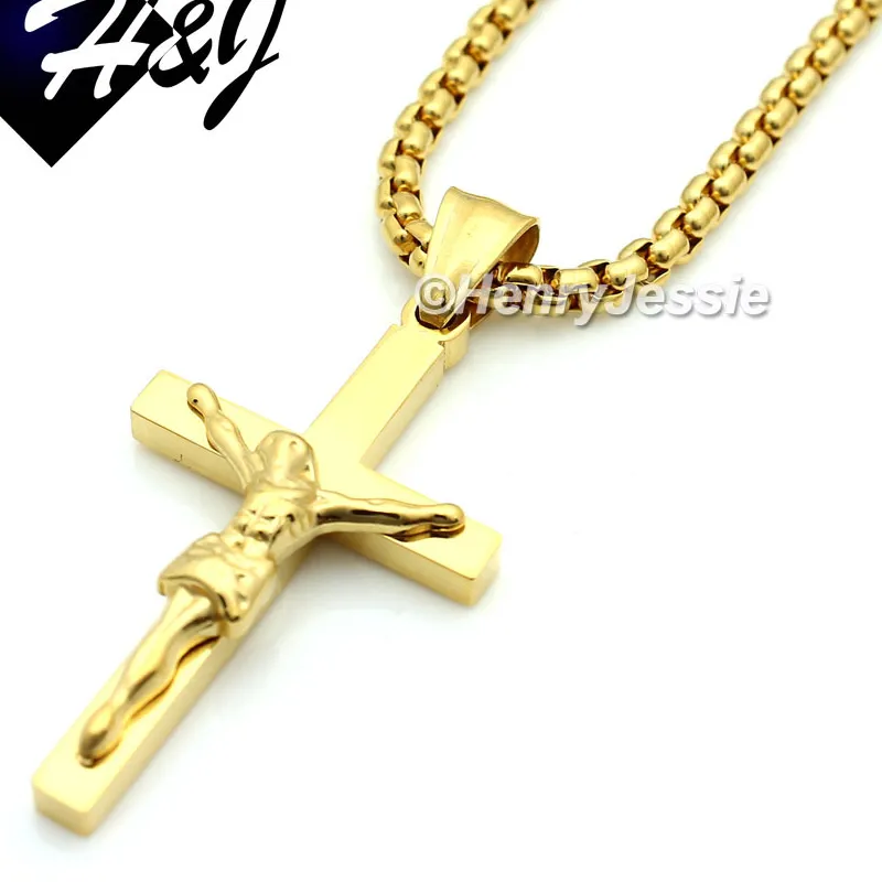 Authentic 18-36" 3mm Gold Plated Box Link Chain JESUS Cross Pendant*GP62