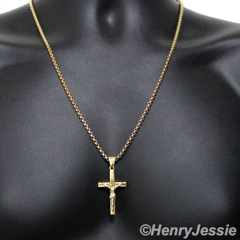 Authentic 16-32"MEN 2mm Gold Plated Box Link Chain Jesus Cross Pendant*P62