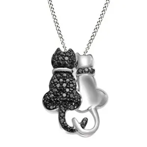 Authentic Feline Spirit Guardian Pendant in Radiant 14K White Gold Finish with Midnight Simulated Diamond