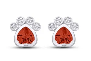 Authentic Eternity’s Paw Print Sacred Heart Stud Earrings in Sterling Silver and Simulated Garnet