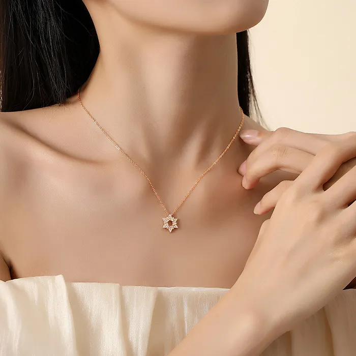 Authentic S925 sterling silver hexagram necklace 14K gold plated jeweled hollow Star of David pendant necklace for women