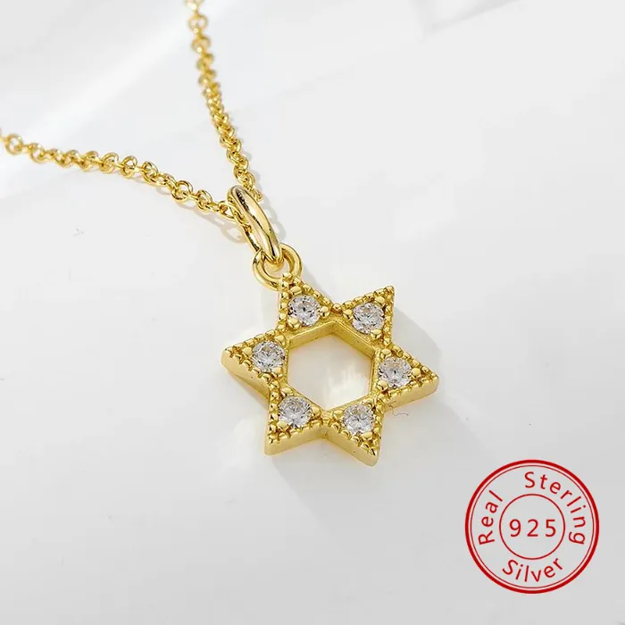 Authentic 925 Sterling Silver 14K Gold/Rhodium Plated Hollow Star of David Zircon Pendant Necklace Women Dainty Fine Jewelry