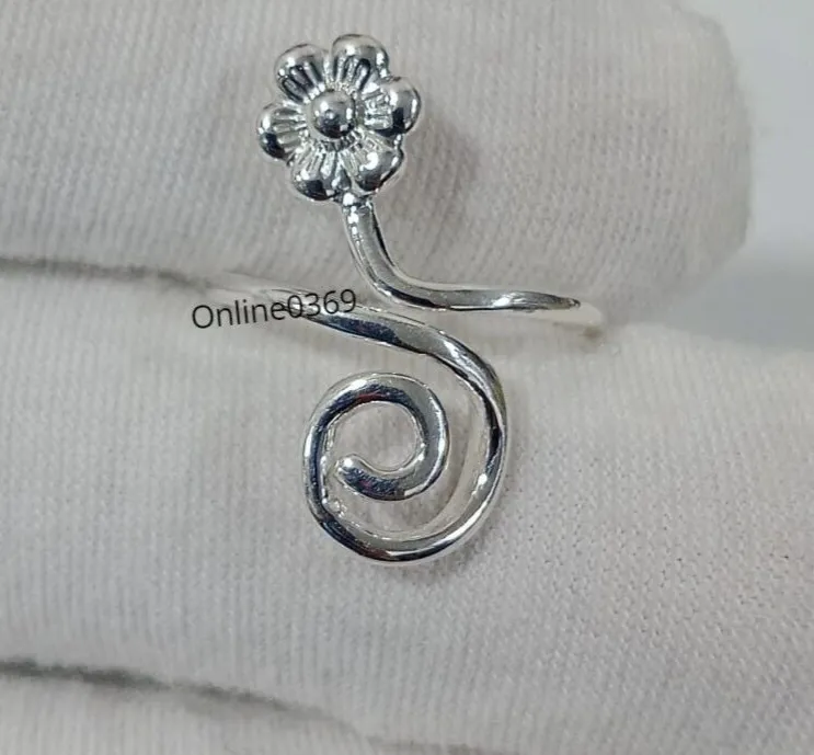 Authentic Solid Metal 925 Silver Ladies Swirl Flower Adjustable Toe Ring White Gold Plated