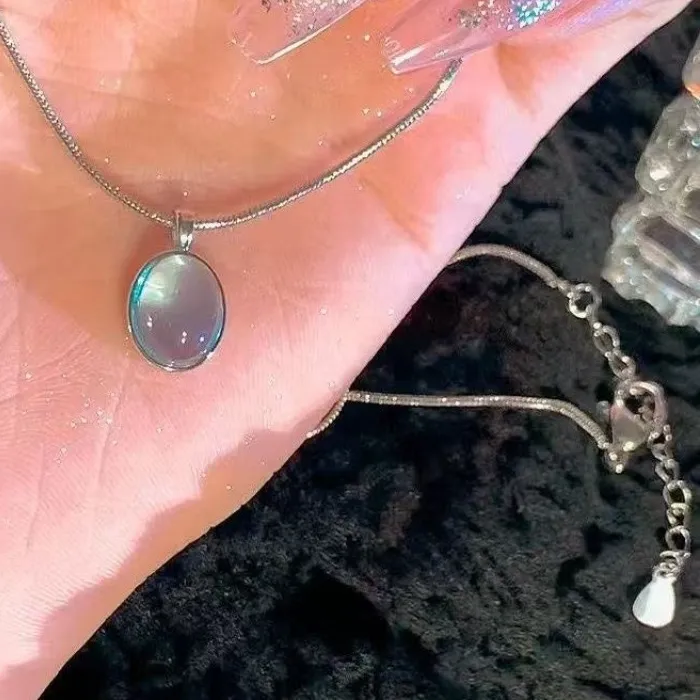 Authentic Aqua Blue Oval Pendant Necklace Minimalist Snake Chain Elegant Delicate Necklace Jewelry