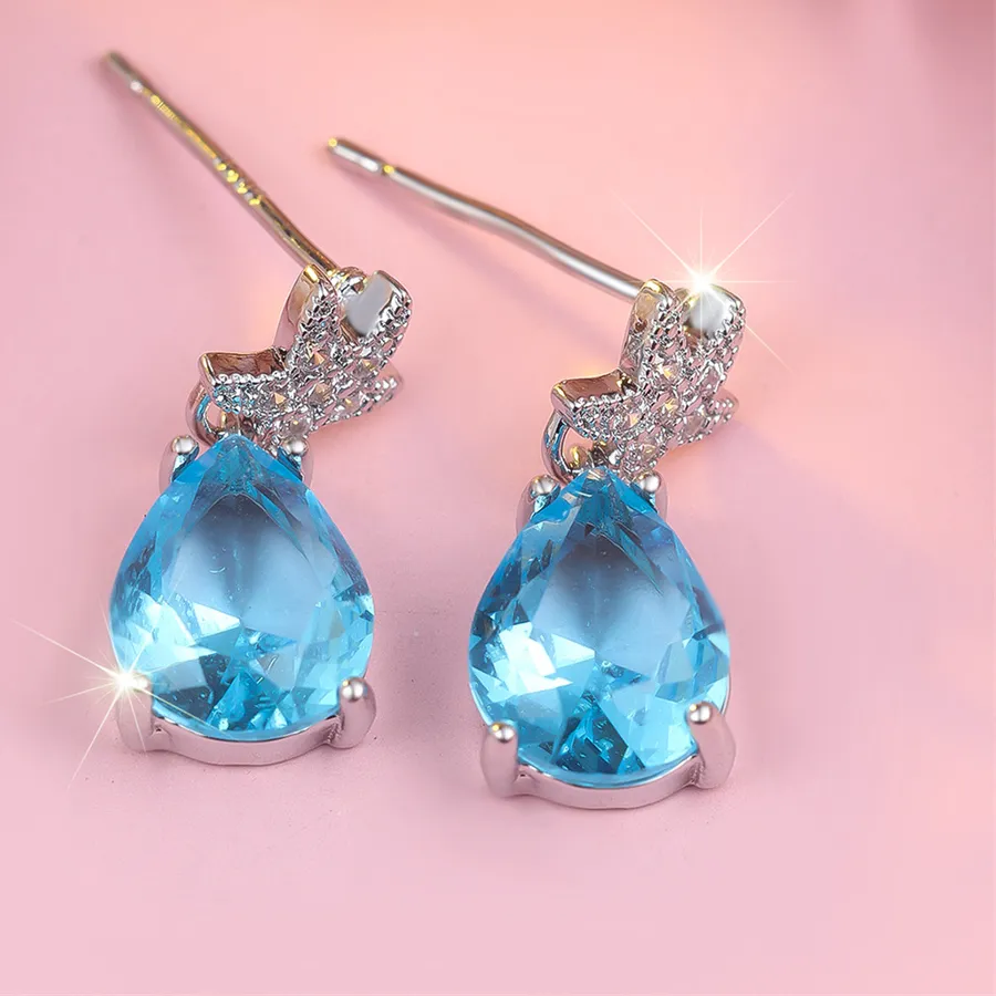Authentic Water Drop Pendant Aqua Blue Zircon Starfish Stud Earrings Silver Color Earring Valentine Jewelry
