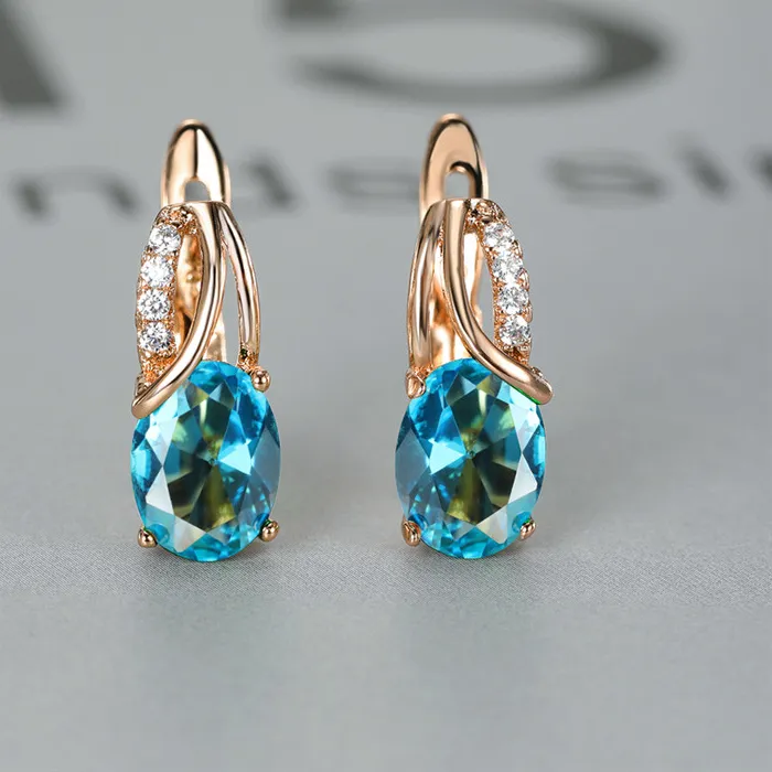 Authentic Aqua Blue Zircon Oval Stone Earring Multicolor Crystal Hoop Earrings Rose Gold Color Jewelry