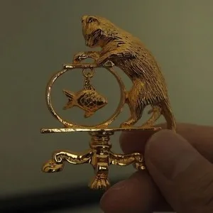Authentic The Angling Feline: Vintage Gold-Plated Cat Brooch of Whimsical Fortune