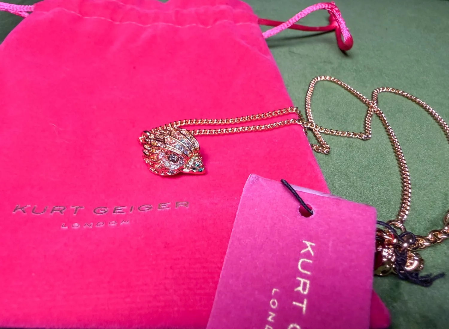 Authentic Kurt Geiger London Gold Plated Rainbow Pavé Crystal Eagle Head Necklace NWT