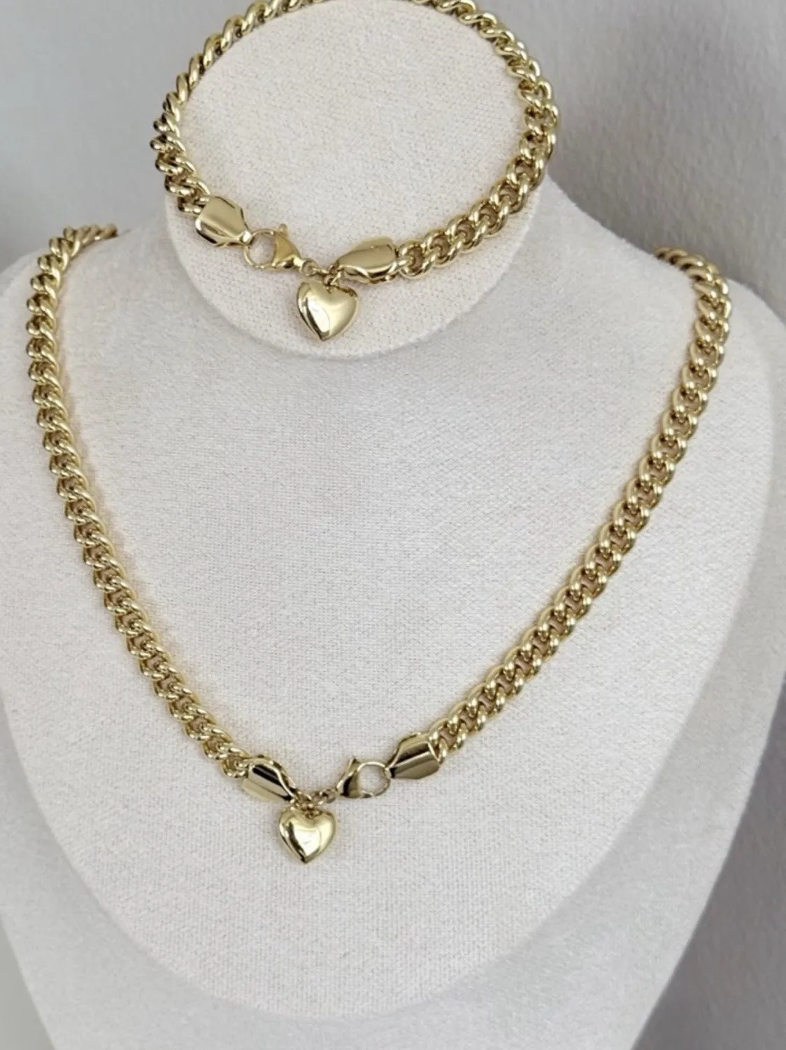 Authentic Cuban Choker Chain with Heart Charm Necklace & Bracelet Set | 14K Gold Plated