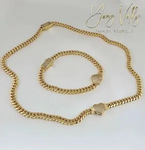 Authentic 14K Gold Plated Cz Heart Cuban Choker Chain Necklace And Bracelet Set 