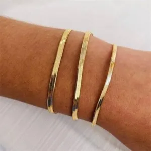 Authentic 3/4/5mm Woman 14K Gold Plated Herringbone Flat Snake Chain Bracelet Bangle 7-9''