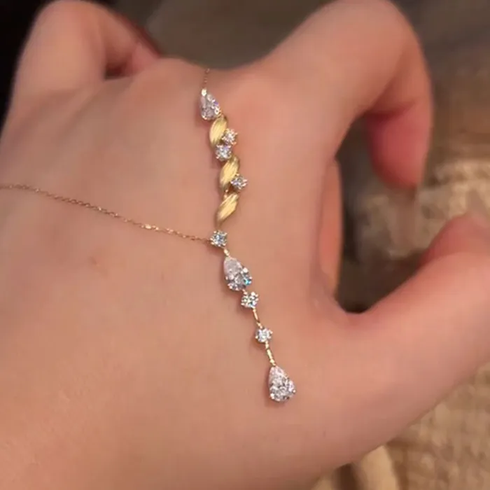 Authentic OXTAO Pear Cut D Moissanite Wave Necklace Women's Pendant Certified VVS1 Unique design Charm Necklace Jewelry 14K Gold Filled