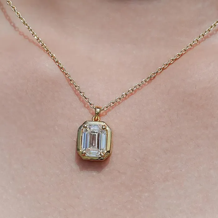 Authentic OXTAO Emerald Cut Minimalist Solitaire Pendant Necklace for Women 4CT Moissanite Charm Necklace Wedding Jewelry 14K Gold Filled