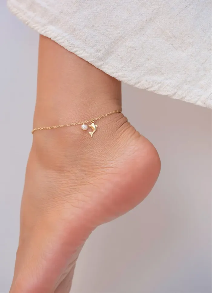 Authentic 14K Gold Filled Dolphin Charm Anklet High Quality Freshwater Pearl Jewelry Tarnish Resistant Dainty Ankle Bracelet for Women