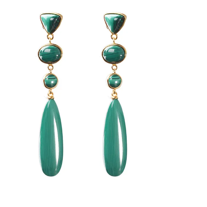 Authentic Vibrant Malachite Geometries Dangle Earrings in 925 Silver and Radiant Gold Plating