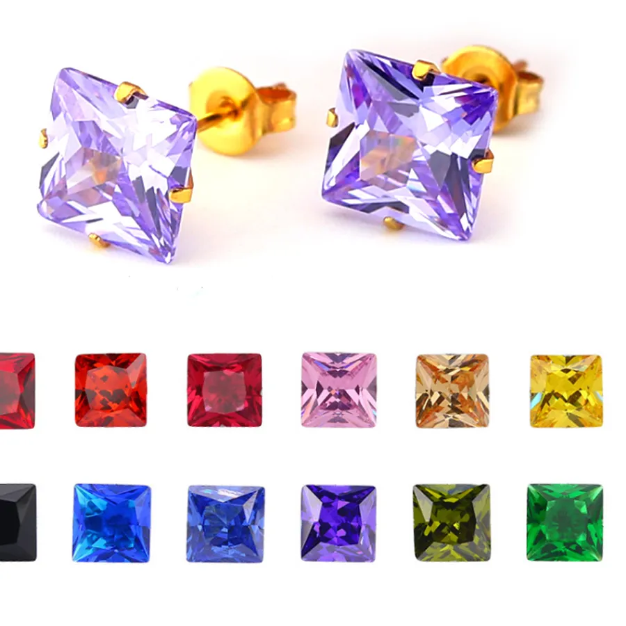 Authentic FairLadyHood Gold Color Square Stud Earrings Women Men Cubic Zirconia Jewelry Pink Stud Earrings For Female