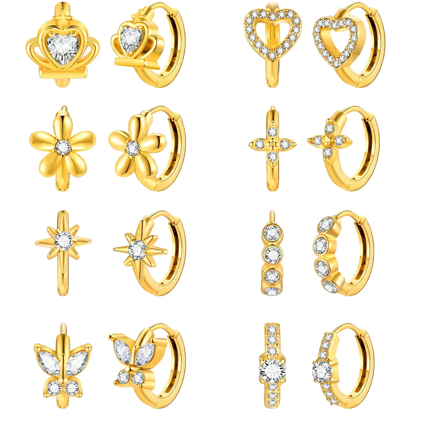 Authentic Light White Zircon Heart- Shaped Earrings, Gold Color Classic Hoop Earrings, Jewelry