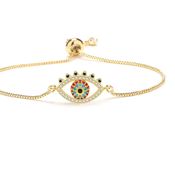Authentic Cubic Zirconia Crystal Nazar Evil Eye Charm Bracelet Box Chain Rainbow CZ Stones Red Cord Rope Adjustable Jewelry Present
