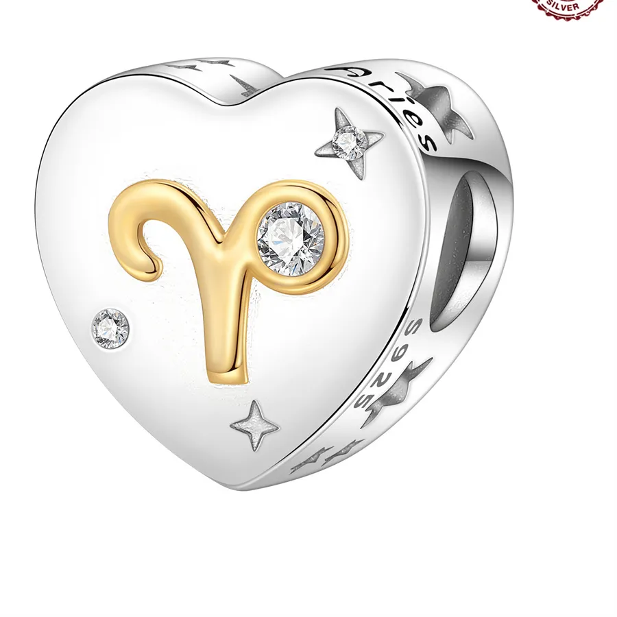 Authentic 925 Sterling Silver Heart Shaped Aries Zodiac Charm Two-Tone Gold Plated Aries Sign beads Fit DIY Charm Bracelets Jewelry Gift