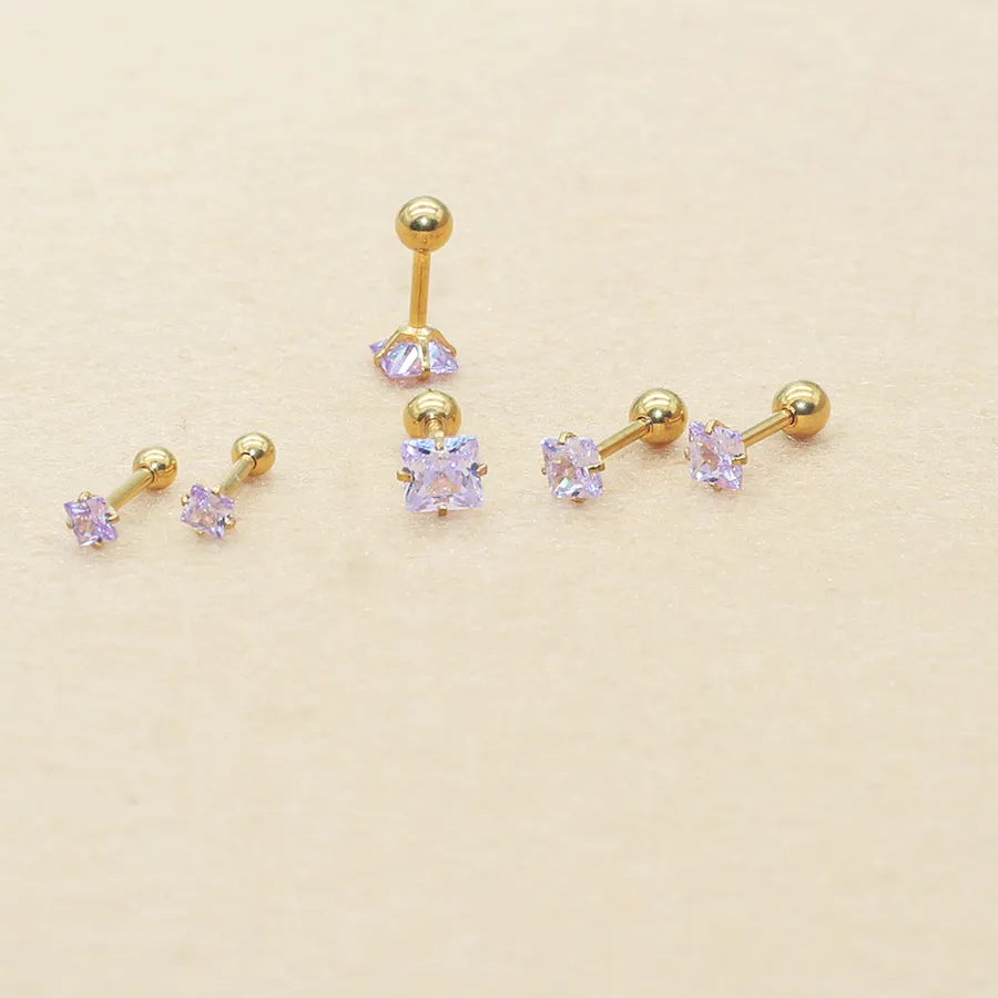Authentic Light Purple Earrings 1.2*6mm Square Posts Hypoallergenic Gold Plated Jewelry for Sensitive Ear Lobes