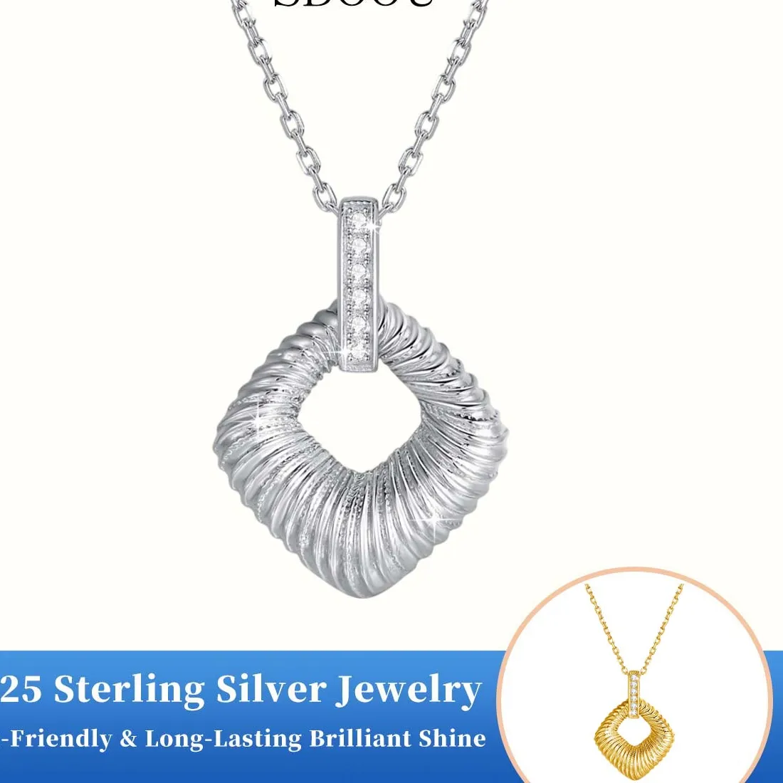 Authentic SDOOU Trendy 925 Sterling Silver Necklace Striped Texture Square Moissanite Pendant for Women 18K Gold Plated Jewelry Party