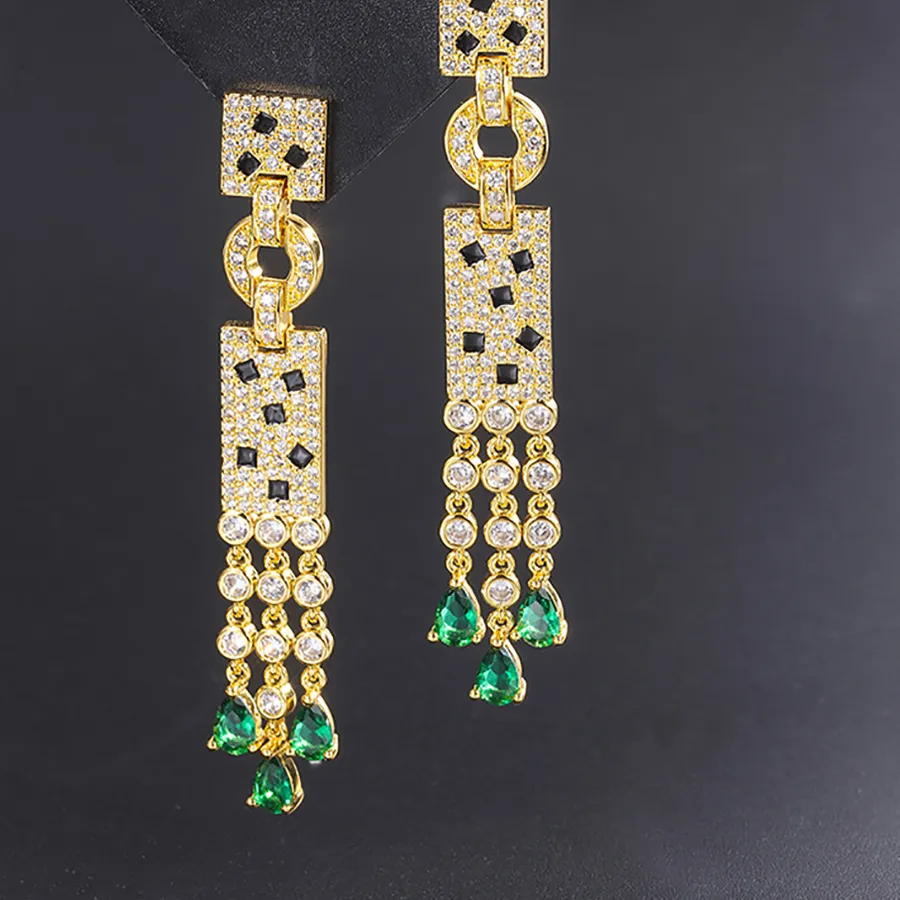 Authentic Retro 5*7mm Emerald Gold Silver Color Tassel Drop Earrings for Women Charms Lab Diamond 5A Zircon Cocktail Party Jewelry Gifts