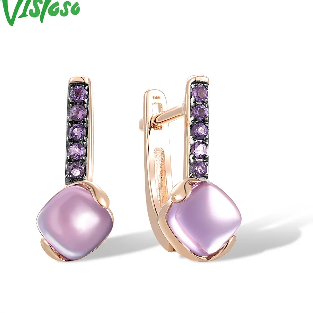Authentic VISTOSO Pure 14K 585 Rose Gold Latch Back Earrings For Women Natural Amethyst Charming Solitaire Lovely Pink Trendy Fine Jewelry