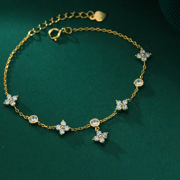 Authentic OXTAO Luxury Moissanite Bracelet Four Leaf Charm Bracelet for Women 14K Gold Filled Adjustable Chain Jewelry Bangle