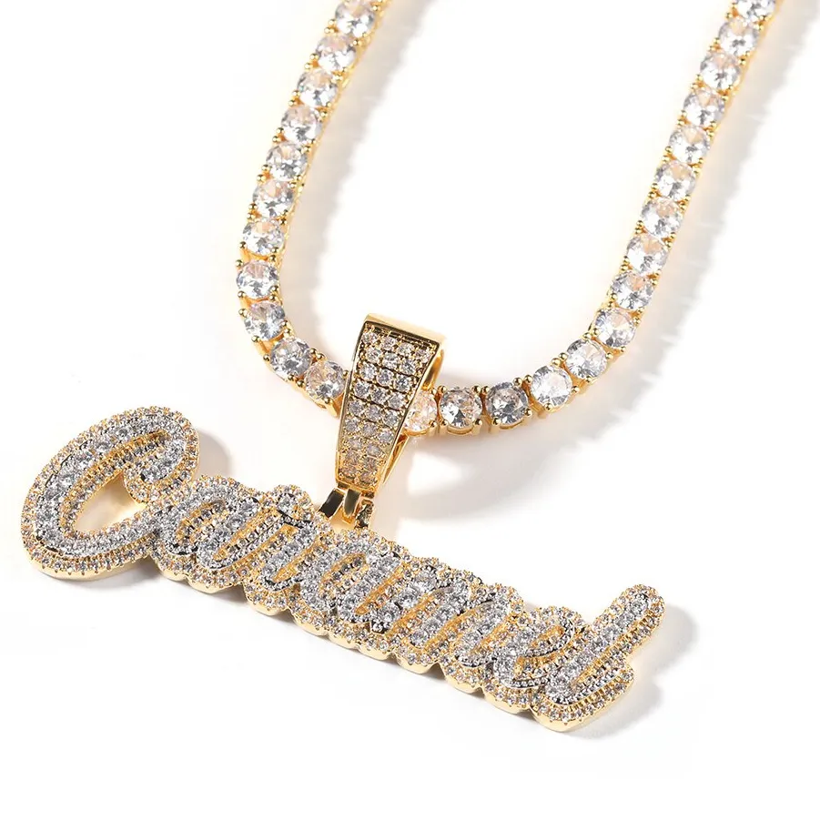 Authentic Two Toned Luxe Custom Chain Custom Name Plate 3D Zircon Letter Necklace Hip Hop Jewelry Moissanite Pendant Necklace