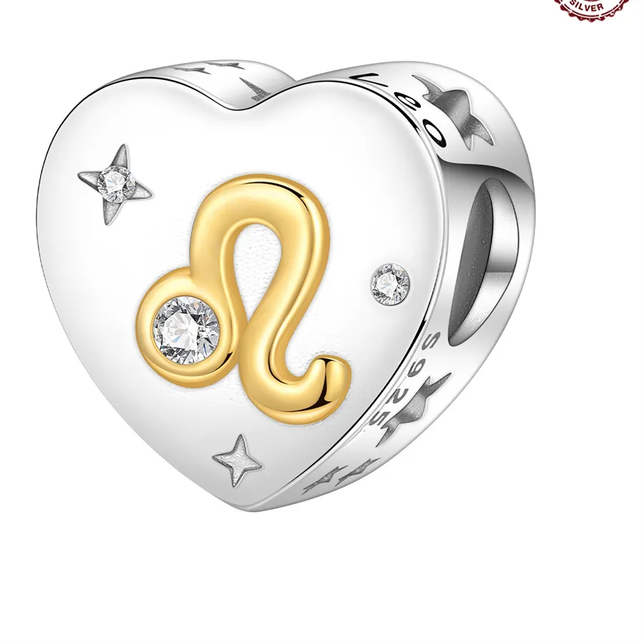 Authentic 925 Sterling Silver Heart Shaped Cancer Zodiac Charm Two-Tone Gold Plated Cancer Sign beads Fit DIY Charm Bracelets Jewelry