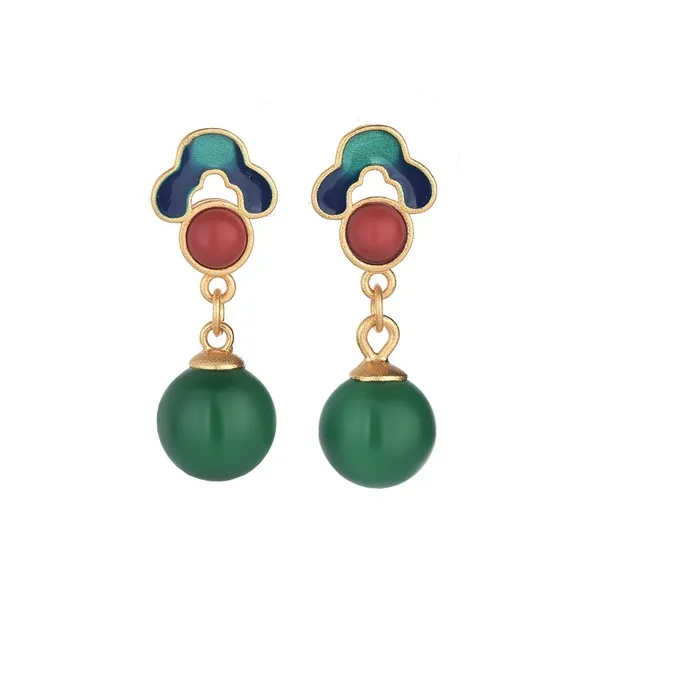 Authentic Green Natural Jade Bead Earrings Ear Stud 18K Gold Plated Accessories Real Jewelry Charm Talismans Designer Vintage