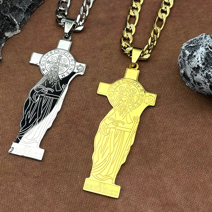 Authentic Catholic Saint Benedict Cross Pendant Necklace for Women Men Gold Plated San Benito Hip Hop Chain Amulet Jewelry