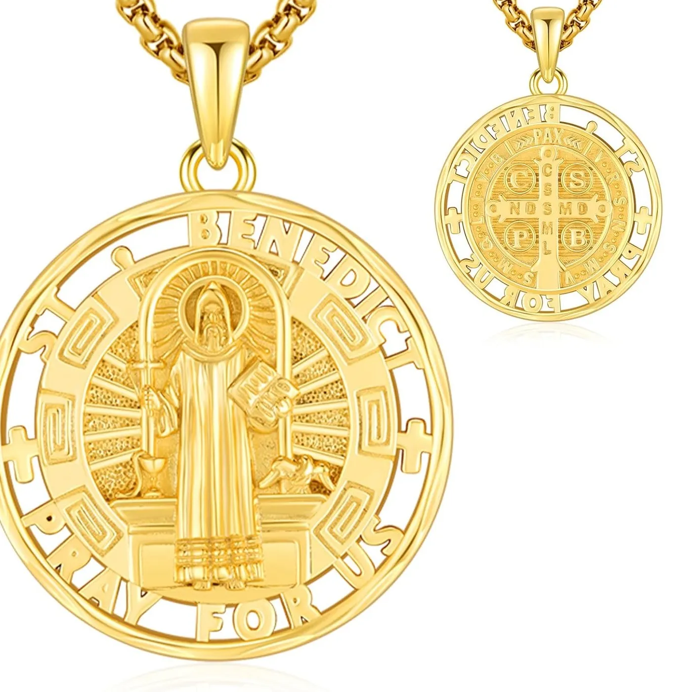 Authentic 18K Gold Plated St Benedict Necklace 925 Sterling Silver Saint Benedict Cross Medal Necklace Amulet Jewelry for Men Women