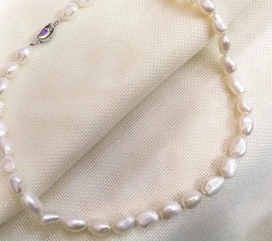 Authentic 9- 10Mm White Baroque Natural Pearl Necklace Silver 925 Jewelry For Woman 35- 43Cm Length