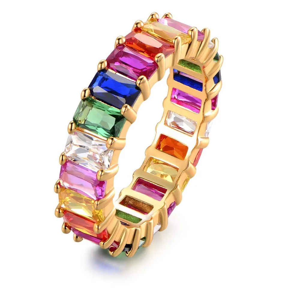 Authentic Eternity Rainbow Ring Wedding Band for Women | 18K Gold Plated Emerald-Cut Ra...