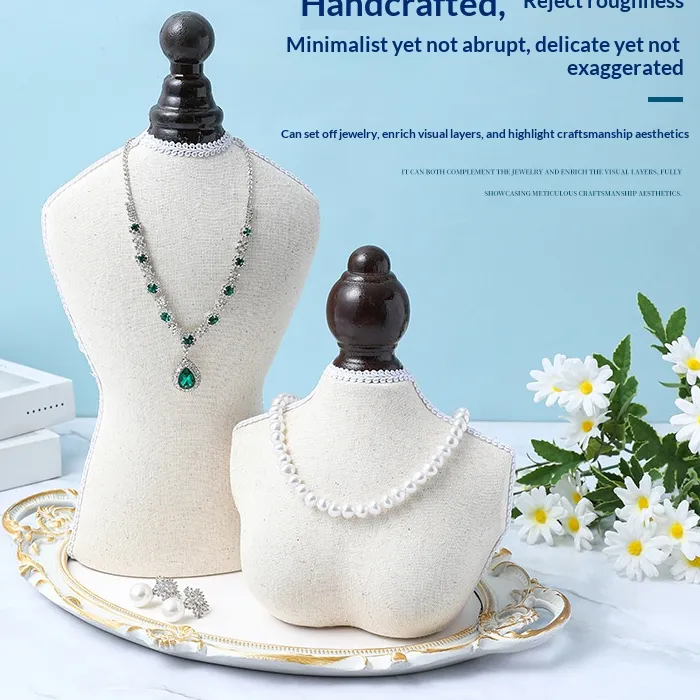 Authentic Linen Covered Mannequin Jewelry Stand with Wood Base, Great for Necklaces & Pendants, Counter Display Holder for Sample Room