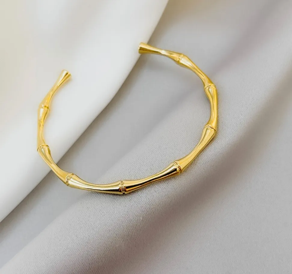 Authentic 18K Gold Plated Woman Fashion Solid Bamboo Shape Opening Bracelet Bangle Cuff