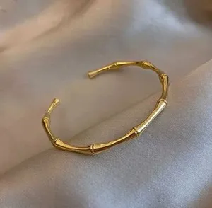 Authentic Woman 18K Gold Plated Fashion Solid Bamboo Shape Opening Bracelet Bangle Cuff