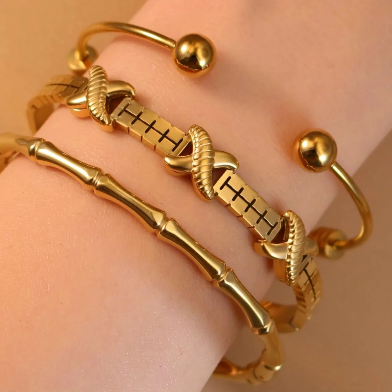 Authentic Open 18K Gold-Plated Stainless Steel Bangle With Bamboo Design, Women's Jewelry Bracelet, Wholesale Gift