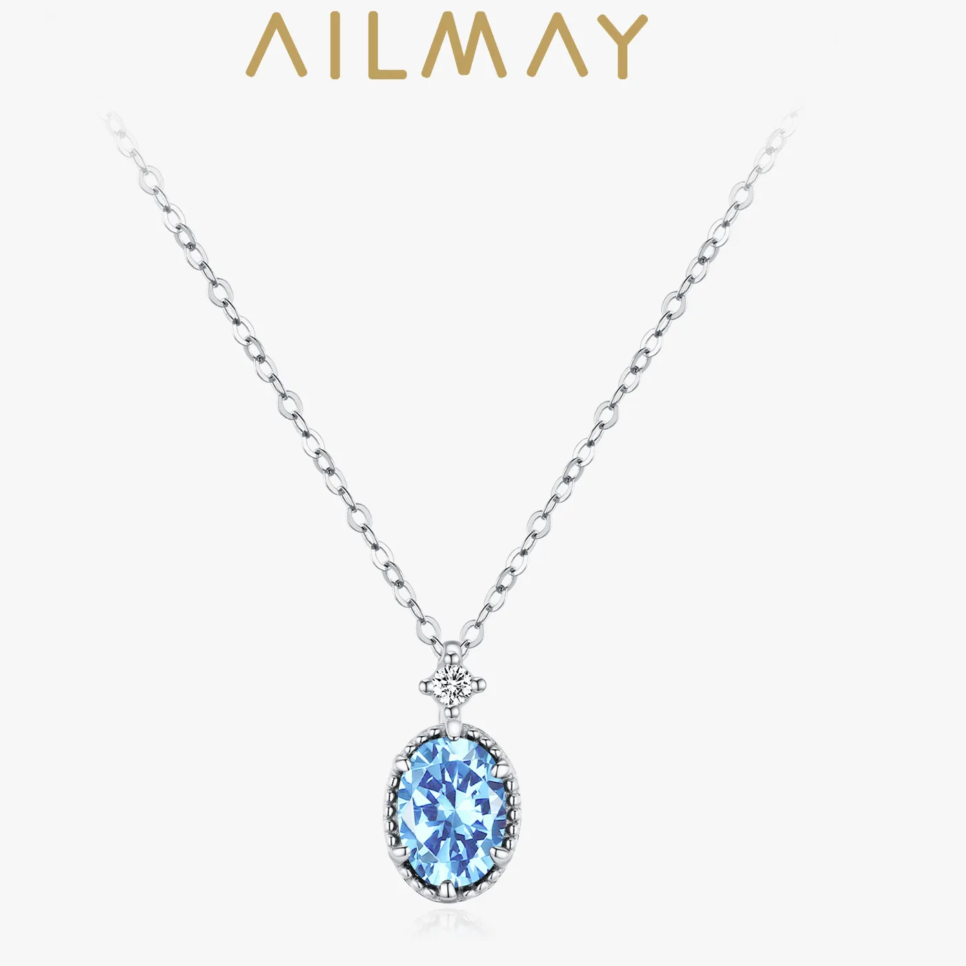 Authentic Ailmay 925 Sterling Silver Aqua Blue Oval Zircon Pendant Necklace Girls Temperament Jewelry