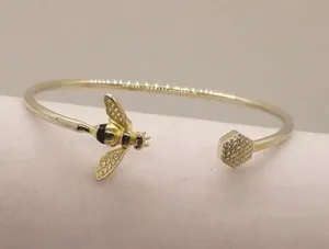 Authentic AHM 925 Flexible Cuff Bee Mine Gold Plated Bracelet CZ Wings Honeycomb