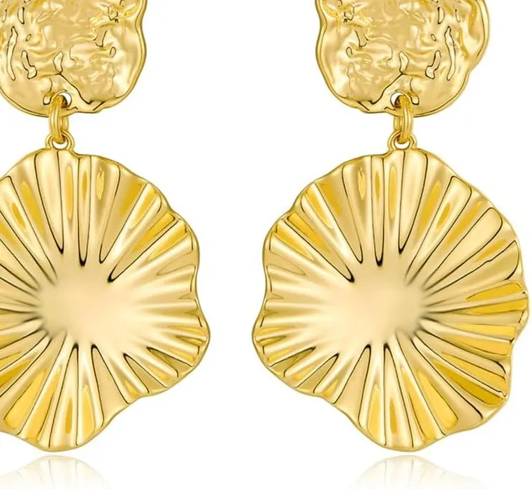 Authentic Gold Statement Earrings for Women 18K Gold Plated Sectored Flower Leaf Shell Ang
