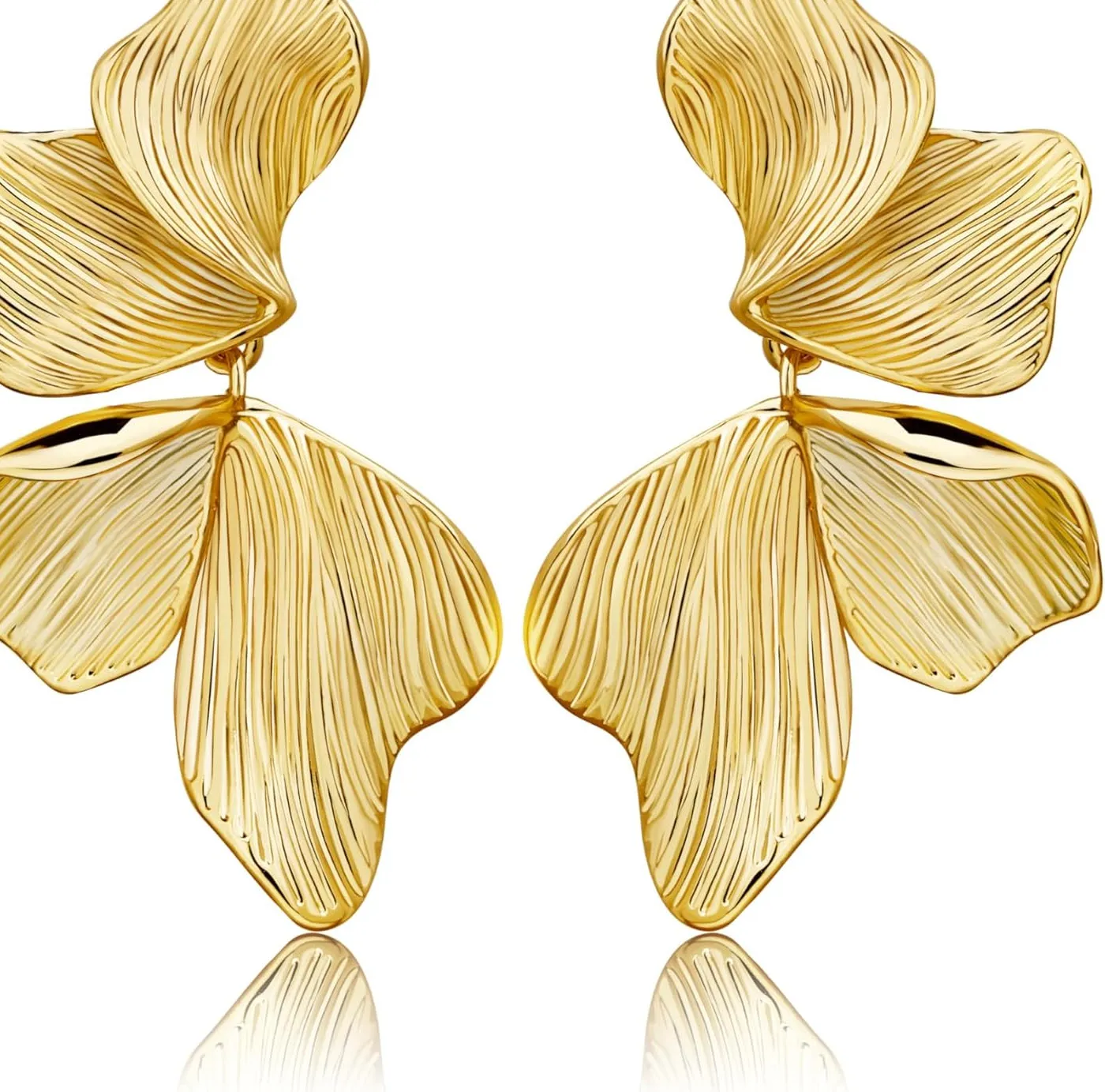 Authentic Gold Statement Earrings for Women 18K Gold Plated Sectored Flower Leaf Shell Ang