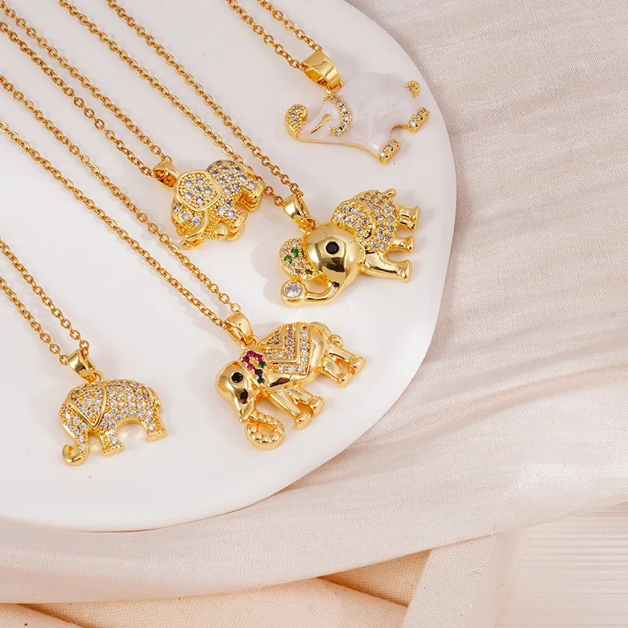 Authentic 18k Gold Plated Coppe Elephant Pendant Necklace For Women Micro Pave Zircon Charm Clavicle Chain Trendy Animal Good Luck Jewelry