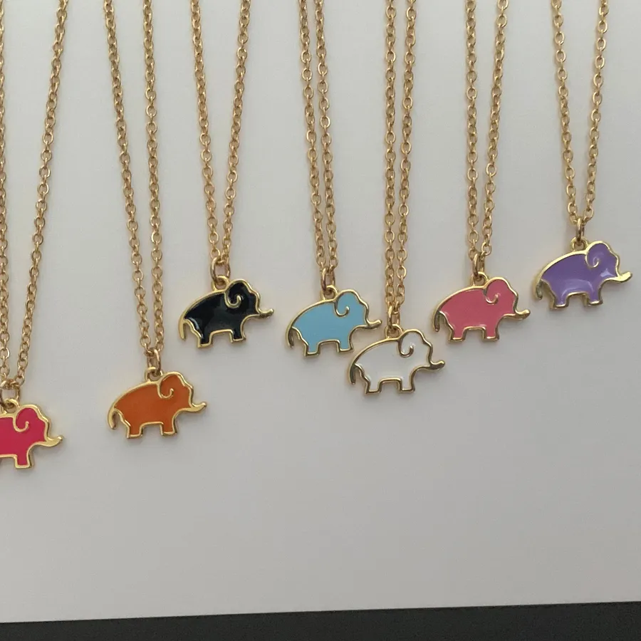 Authentic Cute Enamel Small Elephant Shape Charm Necklace Fashion Gold Color Copper Pendant Steel Chain Clavicle Choker Collar Jewelry