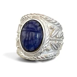 Authentic Vintage 1970s Ring Size 6 Egyptian Revival Scarab Blue Stone Gold Plated - 14S